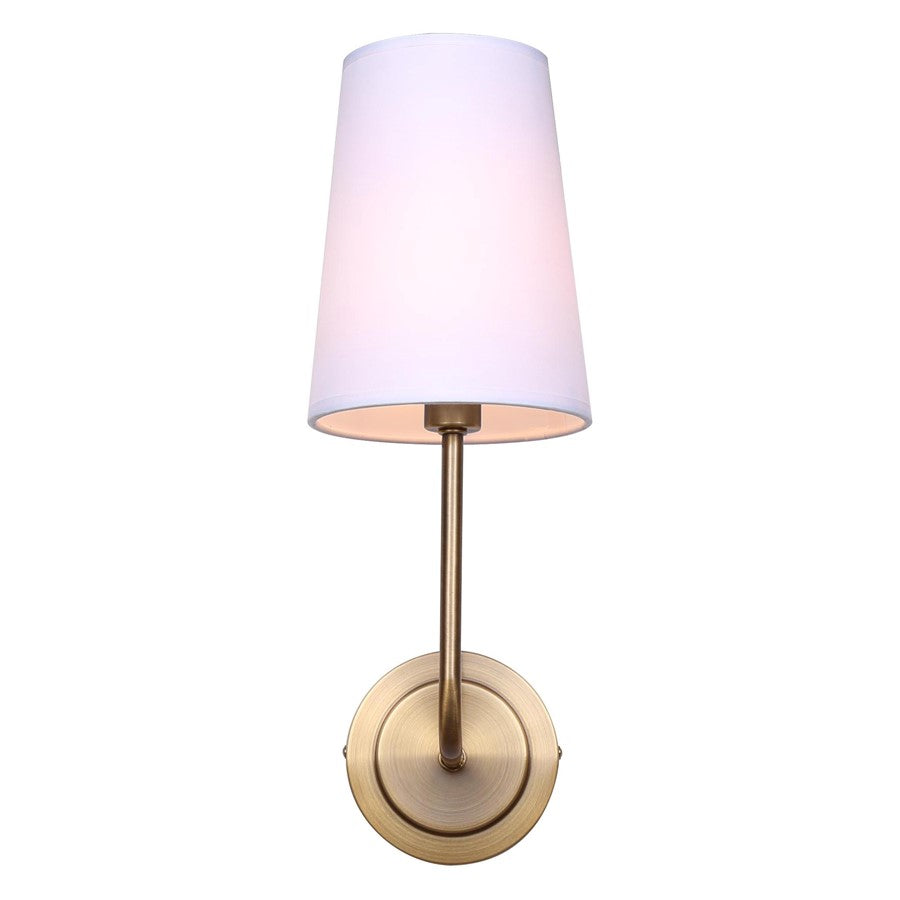 Canarm Amari 1-Light Wall Sconce | Warm Gold and White Fabric Shade | Hallway, Bedroom & Mirror Lighting | 8 x 5 x 17 in | Model IWF2038B01GD