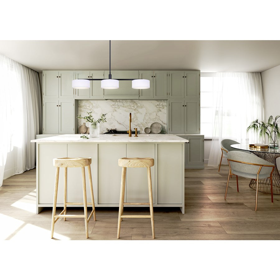 Canarm Carmynn 36in 3-Light LED Pendant | Matte Black and White Ribbed Fabric Shade | Kitchen Island & Dining Room | Model LPL288A03BK