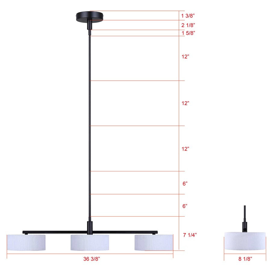 Canarm Carmynn 36in 3-Light LED Pendant | Matte Black and White Ribbed Fabric Shade | Kitchen Island & Dining Room | Model LPL288A03BK