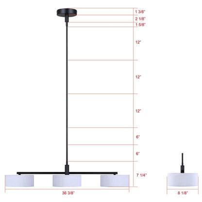 Canarm Carmynn 36in 3-Light LED Pendant | Matte Black and White Ribbed Fabric Shade | Kitchen Island & Dining Room | Model LPL288A03BK