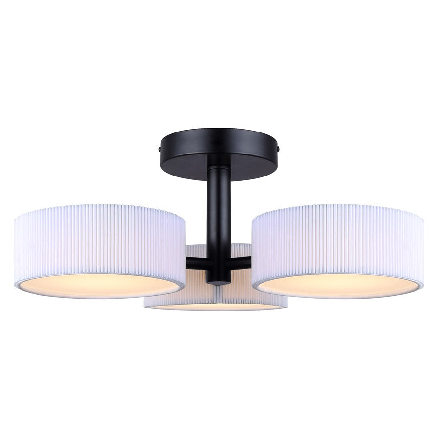 Canarm Carmynn 21in 3-Light Semi Flush Mount | Modern Matte Black and White Ribbed Fabric Shades | Bedroom & Living Room | Model LSF288A03BK
