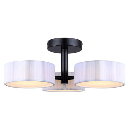 Canarm Carmynn 21in 3-Light Semi Flush Mount | Modern Matte Black and White Ribbed Fabric Shades | Bedroom & Living Room | Model LSF288A03BK