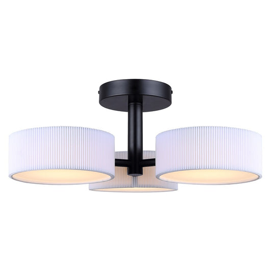 Canarm Carmynn 21in 3-Light Semi Flush Mount | Modern Matte Black and White Ribbed Fabric Shades | Bedroom & Living Room | Model LSF288A03BK