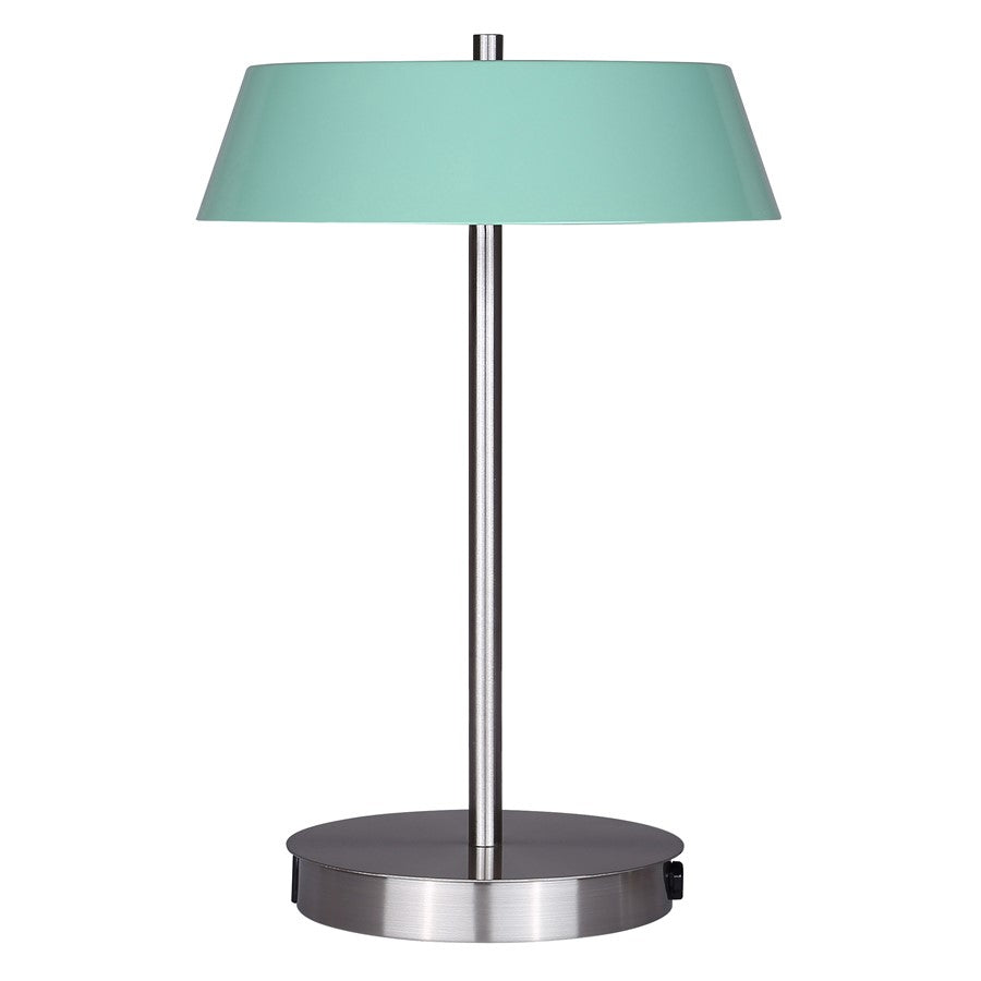 Canarm Jessa 9in 1-Light LED Table Lamp | Mid-Century Brushed Nickel and Robin's Egg with Opal Glass | Bedroom & Office Desk | Model LTL263A14GRN