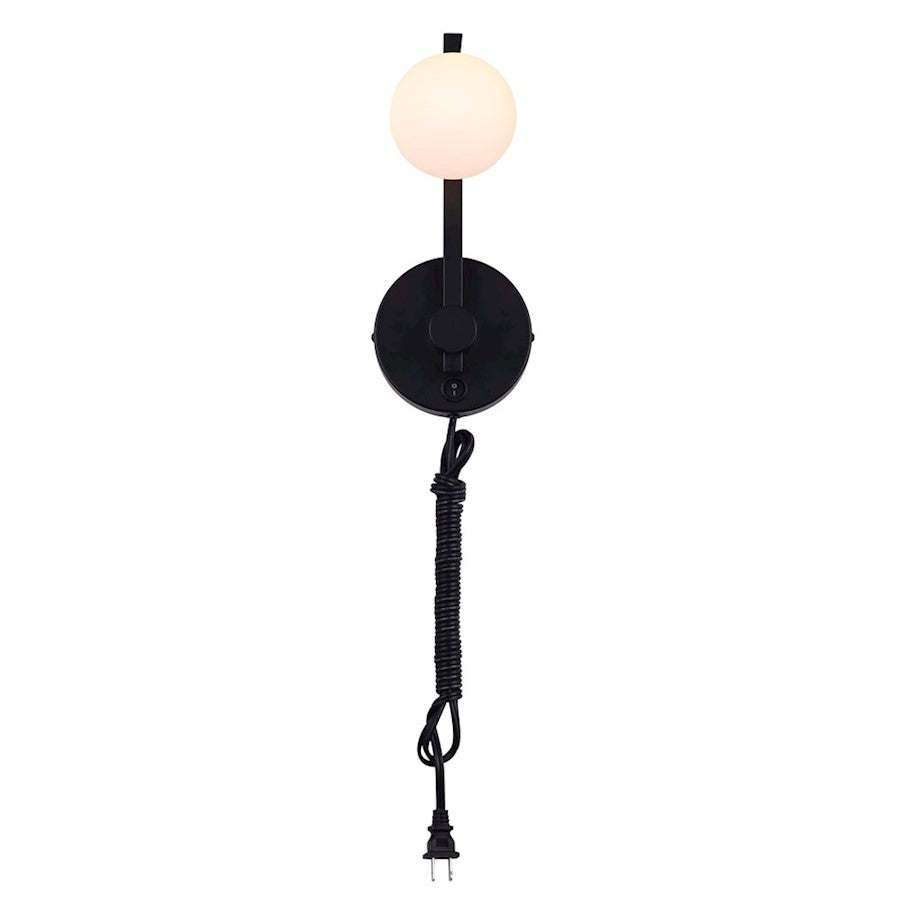 Canarm Nylah 12in LED Wall Sconce | Modern Matte Black and Opal Glass | Bathroom & Hallway | 5 x 6 x 12 in, 8W Dimmable | Model LWF233A01BK