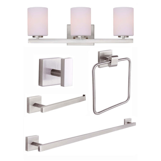 Canarm Jae 3-Light Bath Vanity Combo | Brushed Nickel Metal with Flat Opal Glass | Bathroom & Powder Room | 6.4 x 4.75 in Backplate | Model R5JAE-BN