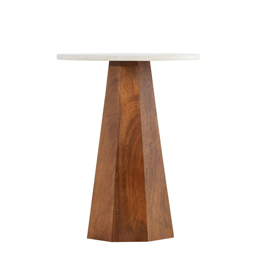 Canarm Naya 15in Round Side Table | Natural Mango Wood & White Marble Top | Living Room & Bedroom Accent | 15 x 15 x 19 in | Model SAF2