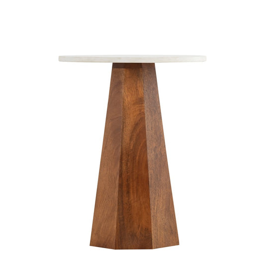 Canarm Naya 15in Round Side Table | Natural Mango Wood & White Marble Top | Living Room & Bedroom Accent | 15 x 15 x 19 in | Model SAF2