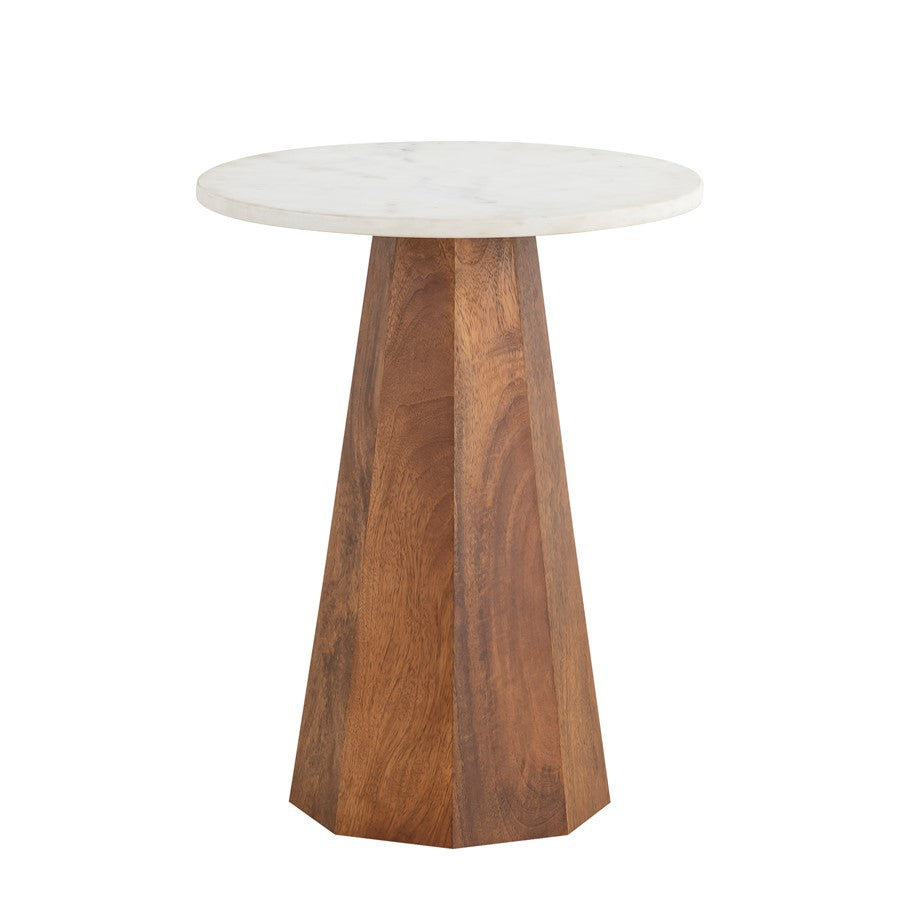 Canarm Naya 15in Round Side Table | Natural Mango Wood & White Marble Top | Living Room & Bedroom Accent | 15 x 15 x 19 in | Model SAF2