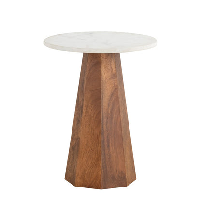 Canarm Naya 15in Round Side Table | Natural Mango Wood & White Marble Top | Living Room & Bedroom Accent | 15 x 15 x 19 in | Model SAF2