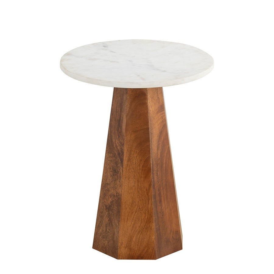 Canarm Naya 15in Round Side Table | Natural Mango Wood & White Marble Top | Living Room & Bedroom Accent | 15 x 15 x 19 in | Model SAF2
