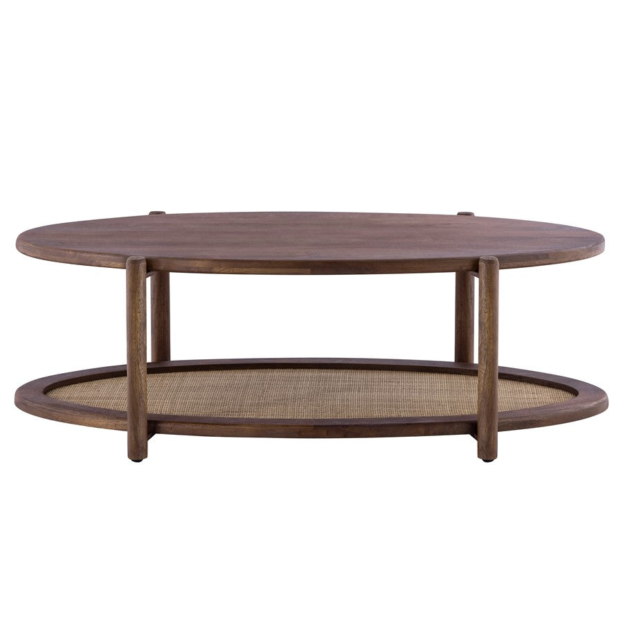 Canarm Garam 47in Walnut Wood and Cane Coffee Table | Mango Wood Oval with Lower Shelf | Living Room & Office | 47 x 23.5 x 16 in | Model SC-106