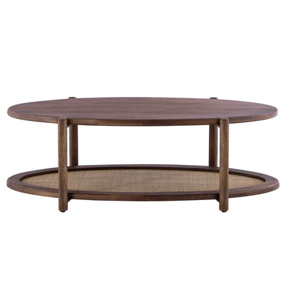 Canarm Garam 47in Walnut Wood and Cane Coffee Table | Mango Wood Oval with Lower Shelf | Living Room & Office | 47 x 23.5 x 16 in | Model SC-106