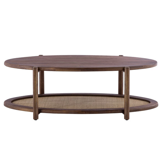 Canarm Garam 47in Walnut Wood and Cane Coffee Table | Mango Wood Oval with Lower Shelf | Living Room & Office | 47 x 23.5 x 16 in | Model SC-106