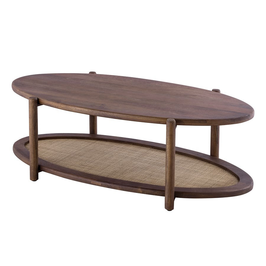 Canarm Garam 47in Walnut Wood and Cane Coffee Table | Mango Wood Oval with Lower Shelf | Living Room & Office | 47 x 23.5 x 16 in | Model SC-106