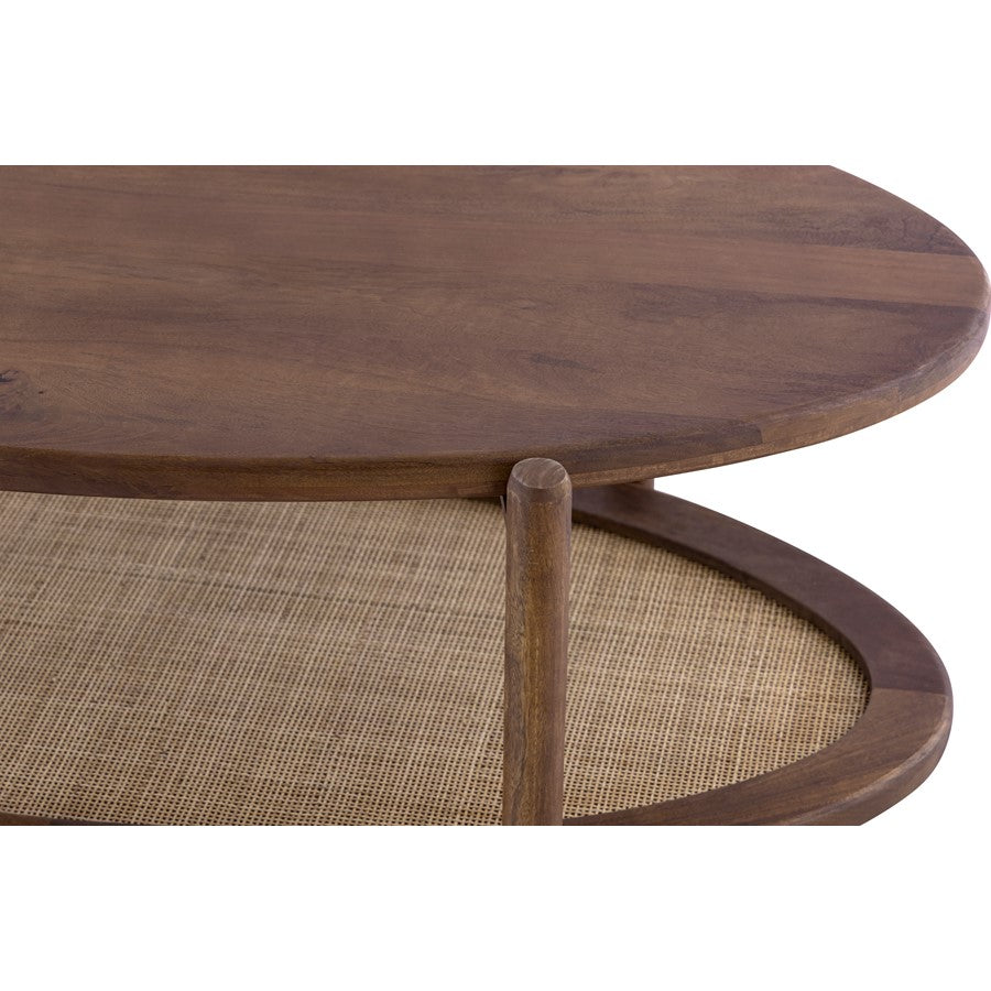 Canarm Garam 47in Walnut Wood and Cane Coffee Table | Mango Wood Oval with Lower Shelf | Living Room & Office | 47 x 23.5 x 16 in | Model SC-106