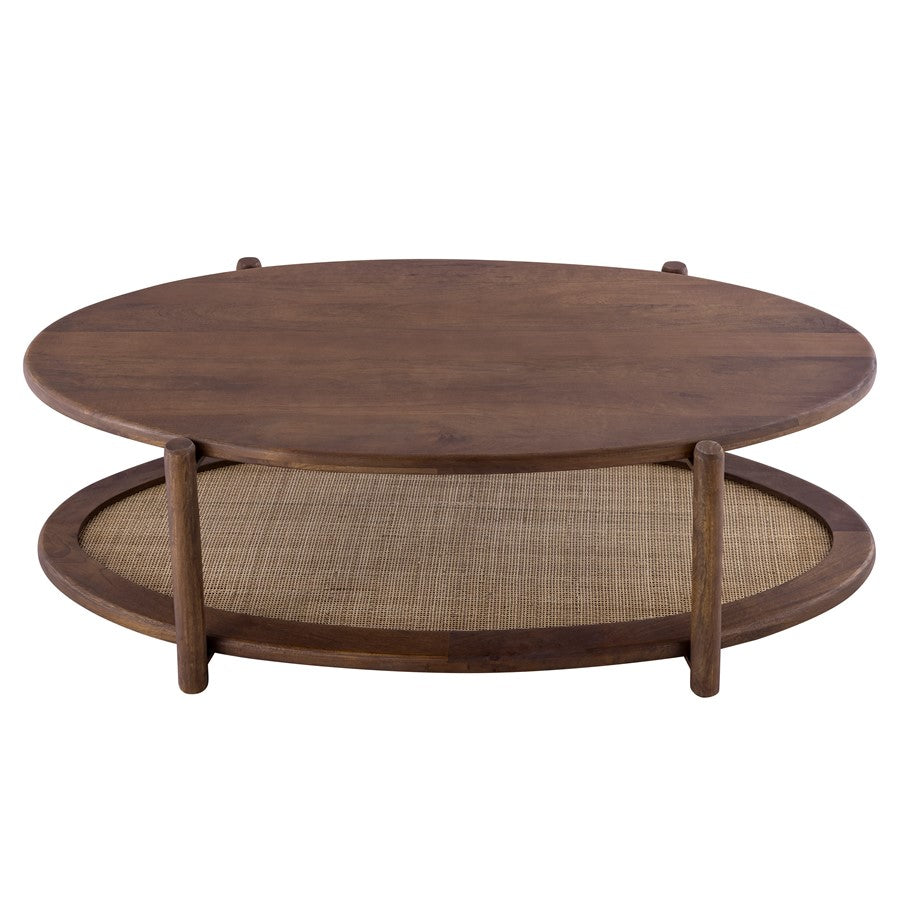 Canarm Garam 47in Walnut Wood and Cane Coffee Table | Mango Wood Oval with Lower Shelf | Living Room & Office | 47 x 23.5 x 16 in | Model SC-106