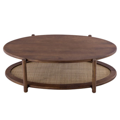 Canarm Garam 47in Walnut Wood and Cane Coffee Table | Mango Wood Oval with Lower Shelf | Living Room & Office | 47 x 23.5 x 16 in | Model SC-106