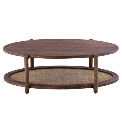 Canarm Garam 47in Walnut Wood and Cane Coffee Table | Mango Wood Oval with Lower Shelf | Living Room & Office | 47 x 23.5 x 16 in | Model SC-106