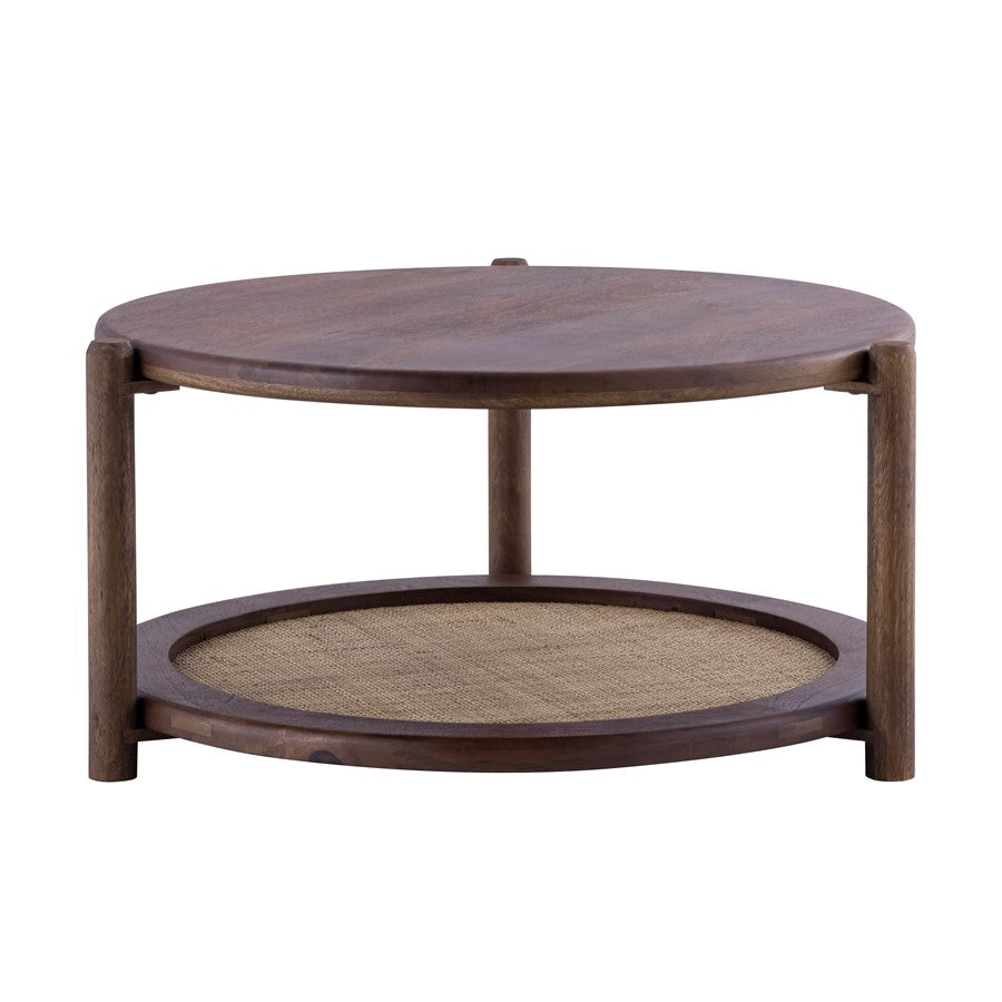 Canarm Garam 26in Round Walnut Wood and Cane Coffee Table | Mango Wood with Lower Shelf | Living Room & Bedroom | 26.25 x 26.25 x 14 in | Model SC-107