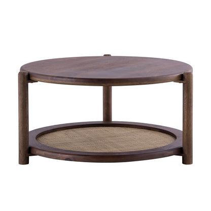 Canarm Garam 26in Round Walnut Wood and Cane Coffee Table | Mango Wood with Lower Shelf | Living Room & Bedroom | 26.25 x 26.25 x 14 in | Model SC-107