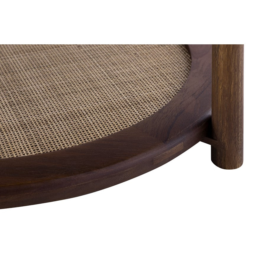 Canarm Garam 26in Round Walnut Wood and Cane Coffee Table | Mango Wood with Lower Shelf | Living Room & Bedroom | 26.25 x 26.25 x 14 in | Model SC-107