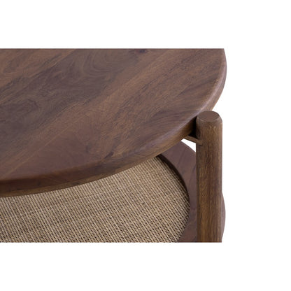 Canarm Garam 26in Round Walnut Wood and Cane Coffee Table | Mango Wood with Lower Shelf | Living Room & Bedroom | 26.25 x 26.25 x 14 in | Model SC-107