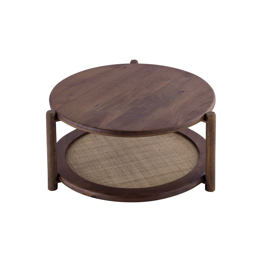 Canarm Garam 26in Round Walnut Wood and Cane Coffee Table | Mango Wood with Lower Shelf | Living Room & Bedroom | 26.25 x 26.25 x 14 in | Model SC-107