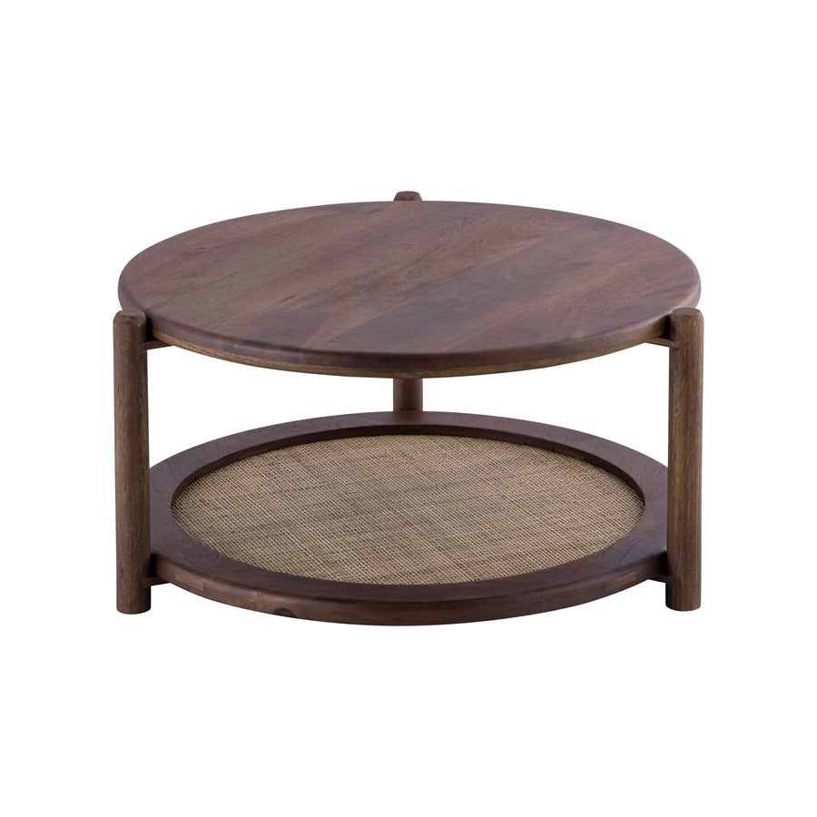 Canarm Garam 26in Round Walnut Wood and Cane Coffee Table | Mango Wood with Lower Shelf | Living Room & Bedroom | 26.25 x 26.25 x 14 in | Model SC-107