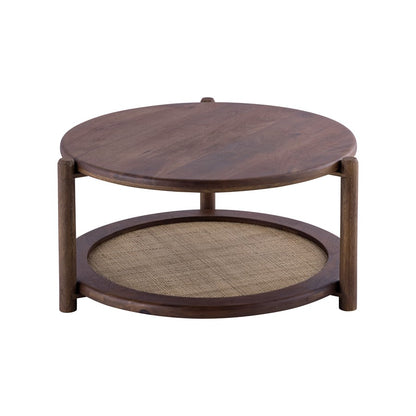 Canarm Garam 26in Round Walnut Wood and Cane Coffee Table | Mango Wood with Lower Shelf | Living Room & Bedroom | 26.25 x 26.25 x 14 in | Model SC-107