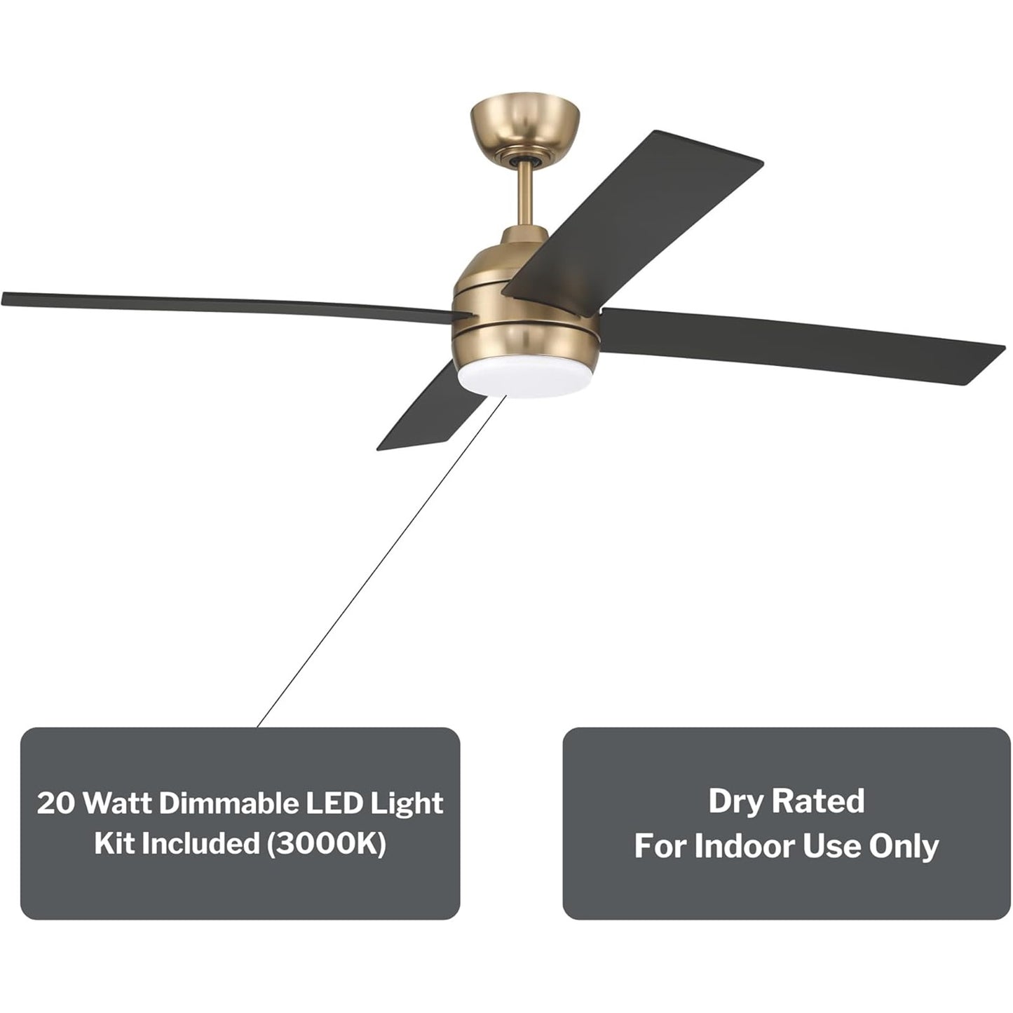 Craftmade Kelsey 52" 4-Blade Ceiling Fan, Brass/Black/Light Kit