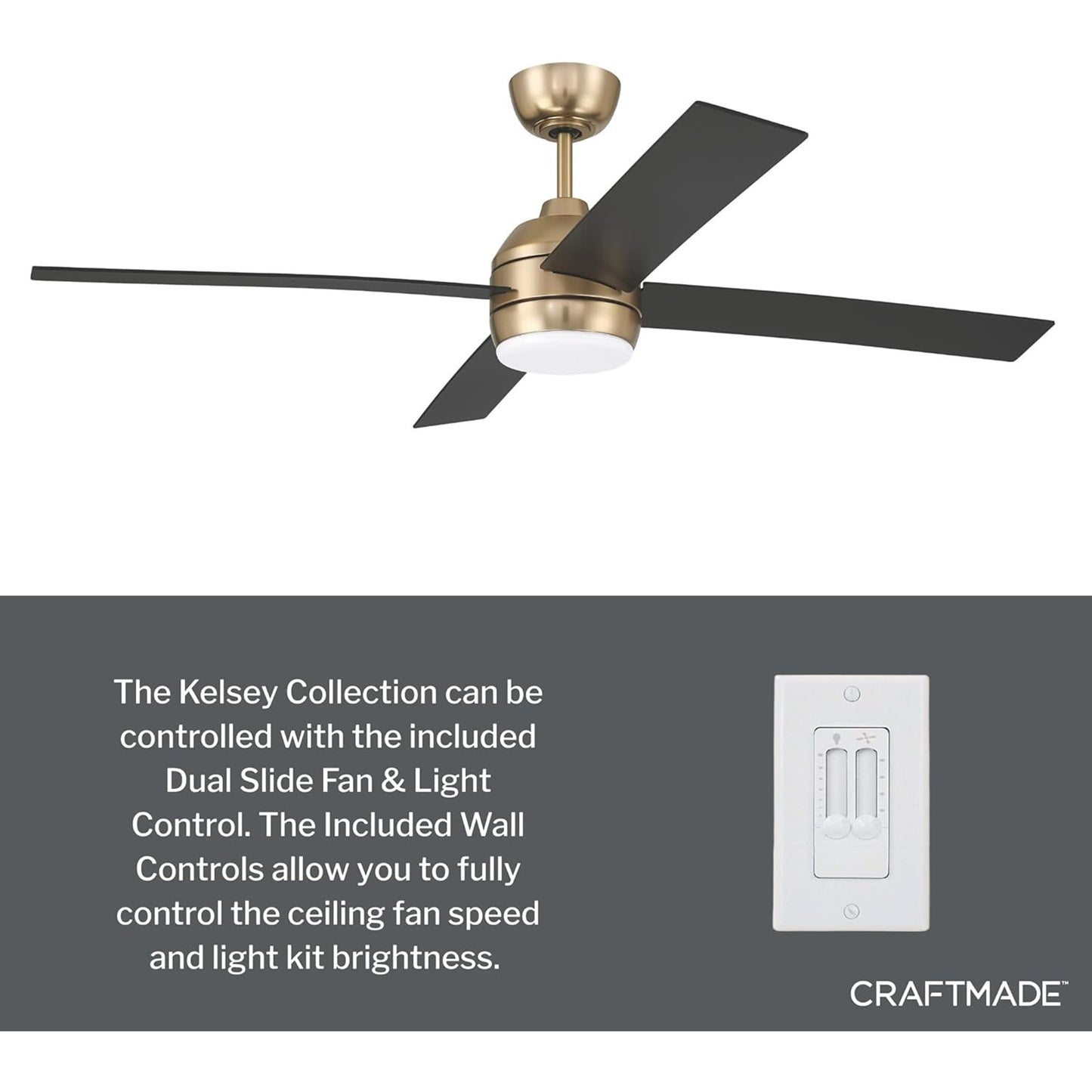 Craftmade Kelsey 52" 4-Blade Ceiling Fan, Brass/Black/Light Kit