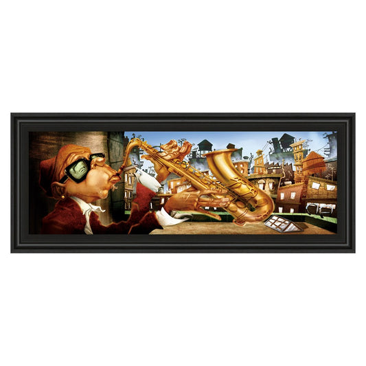 Classy Living Urban Saxophone Serenade Wall Art 42x18in | Contemporary Framed Graphic Art in Midnight Aura MDF Frame | Living Room & Music | Model 1297