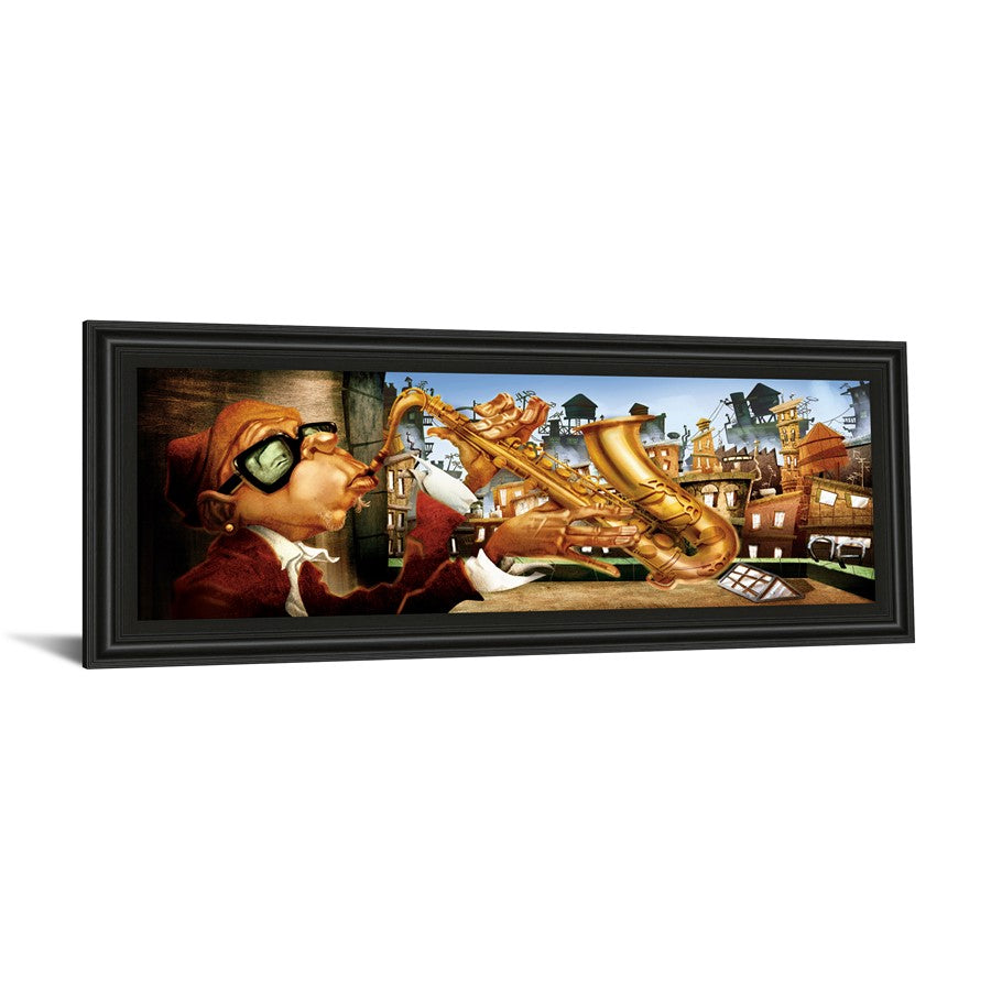 Classy Living Urban Saxophone Serenade Wall Art 42x18in | Contemporary Framed Graphic Art in Midnight Aura MDF Frame | Living Room & Music | Model 1297