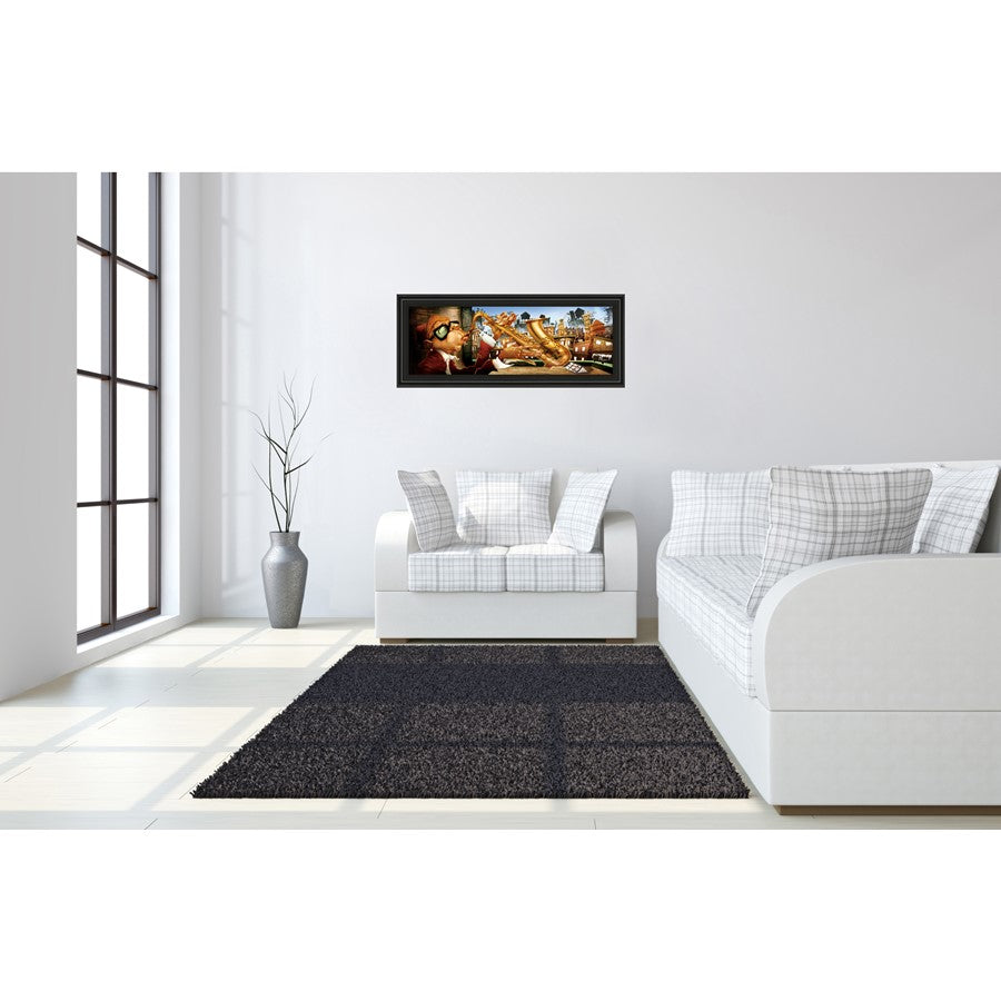 Classy Living Urban Saxophone Serenade Wall Art 42x18in | Contemporary Framed Graphic Art in Midnight Aura MDF Frame | Living Room & Music | Model 1297