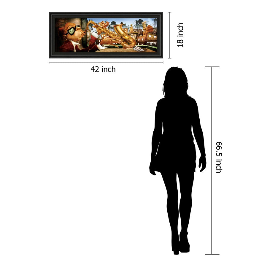 Classy Living Urban Saxophone Serenade Wall Art 42x18in | Contemporary Framed Graphic Art in Midnight Aura MDF Frame | Living Room & Music | Model 1297