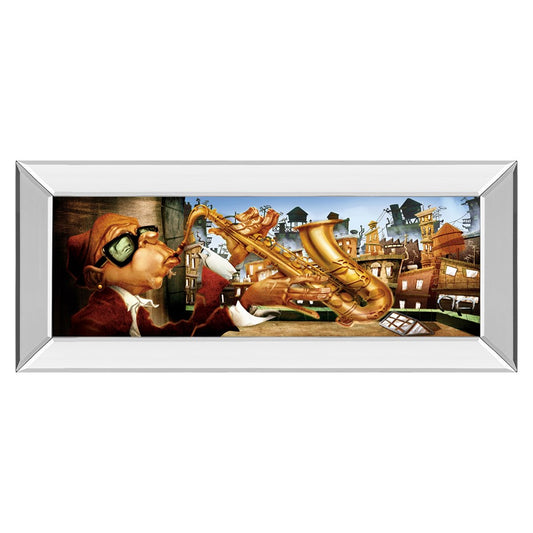 Classy Living Urban Saxophone Serenade 42x18in Wall Art | Contemporary Multicolor Paper on Mirrored Frame | Living Room & Music Studio | Model 1297MF