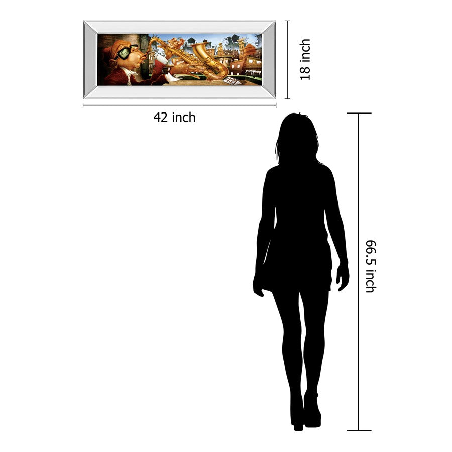 Classy Living Urban Saxophone Serenade 42x18in Wall Art | Contemporary Multicolor Paper on Mirrored Frame | Living Room & Music Studio | Model 1297MF