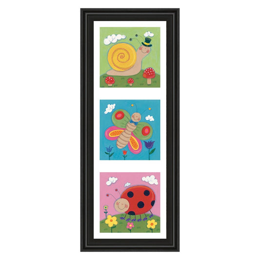 Classy Living Whimsical Insects Trio Wall Art 18x42in | Contemporary Multicolor Paper Art in Midnight Aura MDF Frame | Kids Room & Nursery | Model 1346