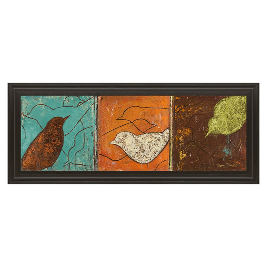 Classy Living Serene Birds Trio 42x18in Wall Art | Contemporary Mixed Media on Paper, Dark Chocolate MDF Frame | Living Room & Office Decor | Model 1372