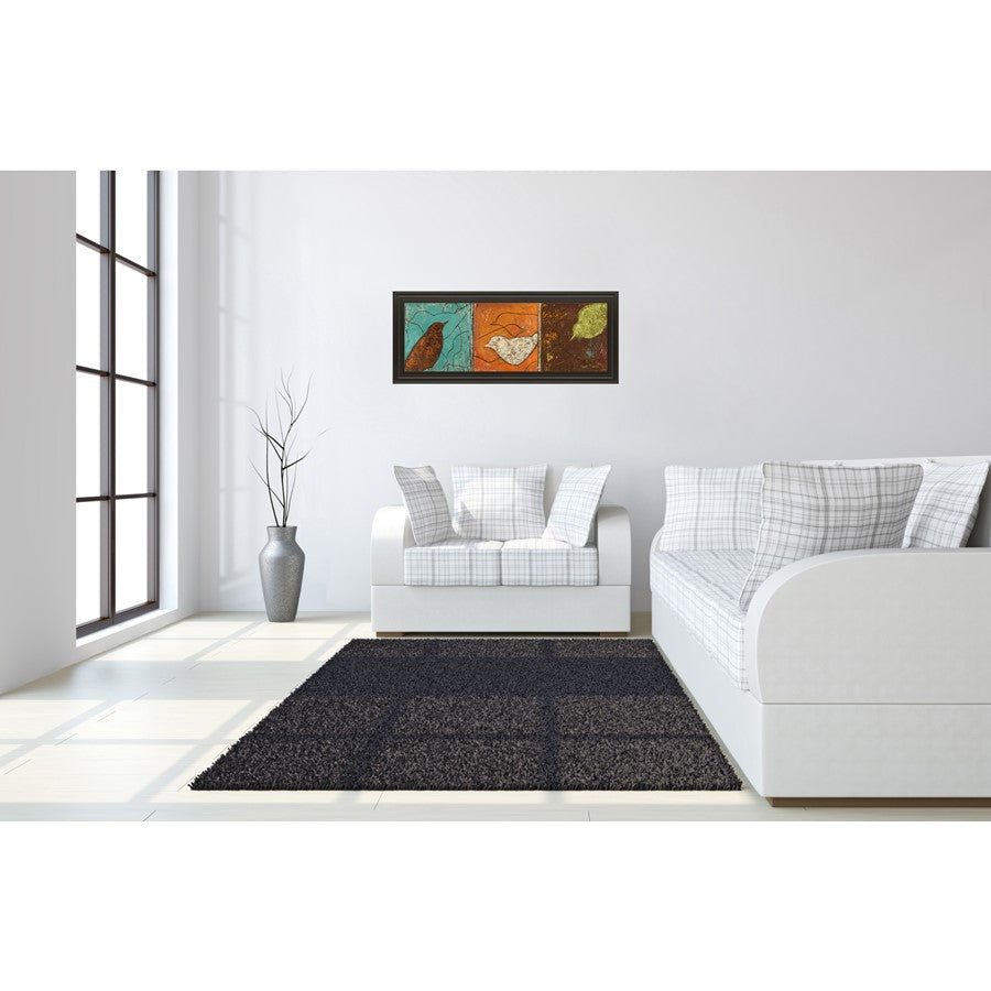 Classy Living Serene Birds Trio 42x18in Wall Art | Contemporary Mixed Media on Paper, Dark Chocolate MDF Frame | Living Room & Office Decor | Model 1372