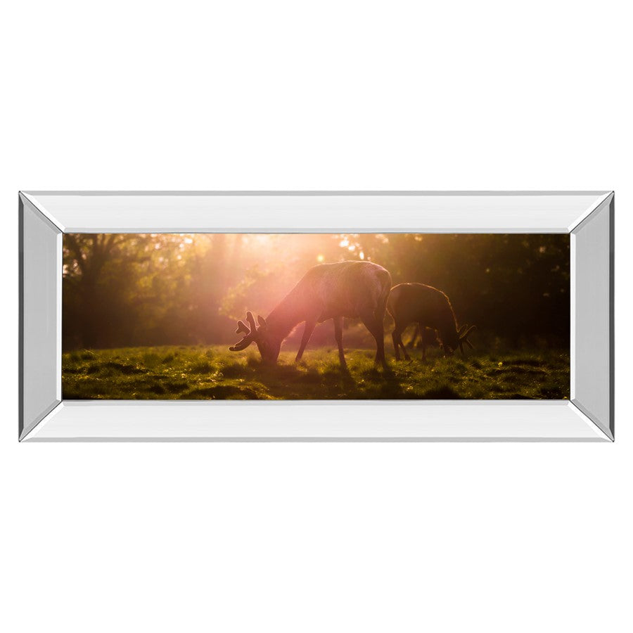 Classy Living Morning Haze 42x18in Rectangular Wall Art | Contemporary Deer Grazing Scene with Mirrored Frame | Living Room & Bedroom Decor | Model 1751MF