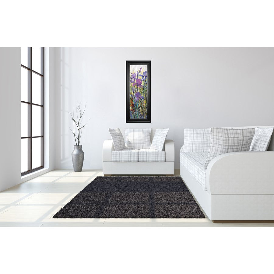 Classy Living Wild Violet Stems Wall Art 18x42in | Contemporary Mixed Media on Paper in Midnight Aura MDF Frame | Living Room & Bedroom | Model 1803