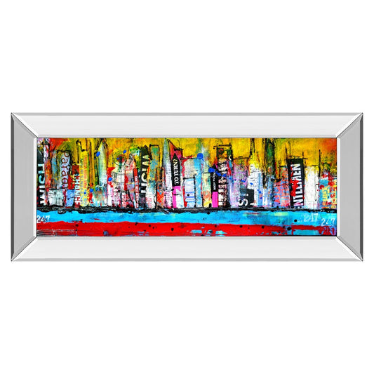 Classy Living Urban Vibe 42x18in Rectangular Wall Art | Contemporary Multicolor Cityscape on Paper with Mirrored Frame | Living Room & | Model 1809MF