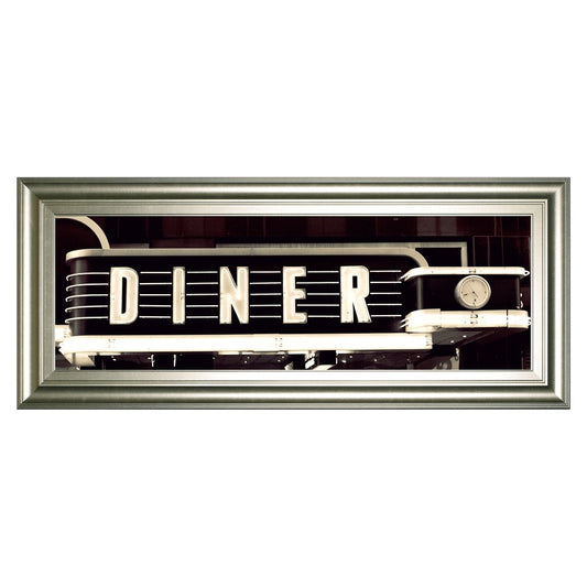 Classy Living Neon Diner Sign Wall Art 42x18in | Contemporary Silver Serenity MDF Frame | Living Room & Dining Room Retro Decor | 42 x 18 x 1 | Model 1883