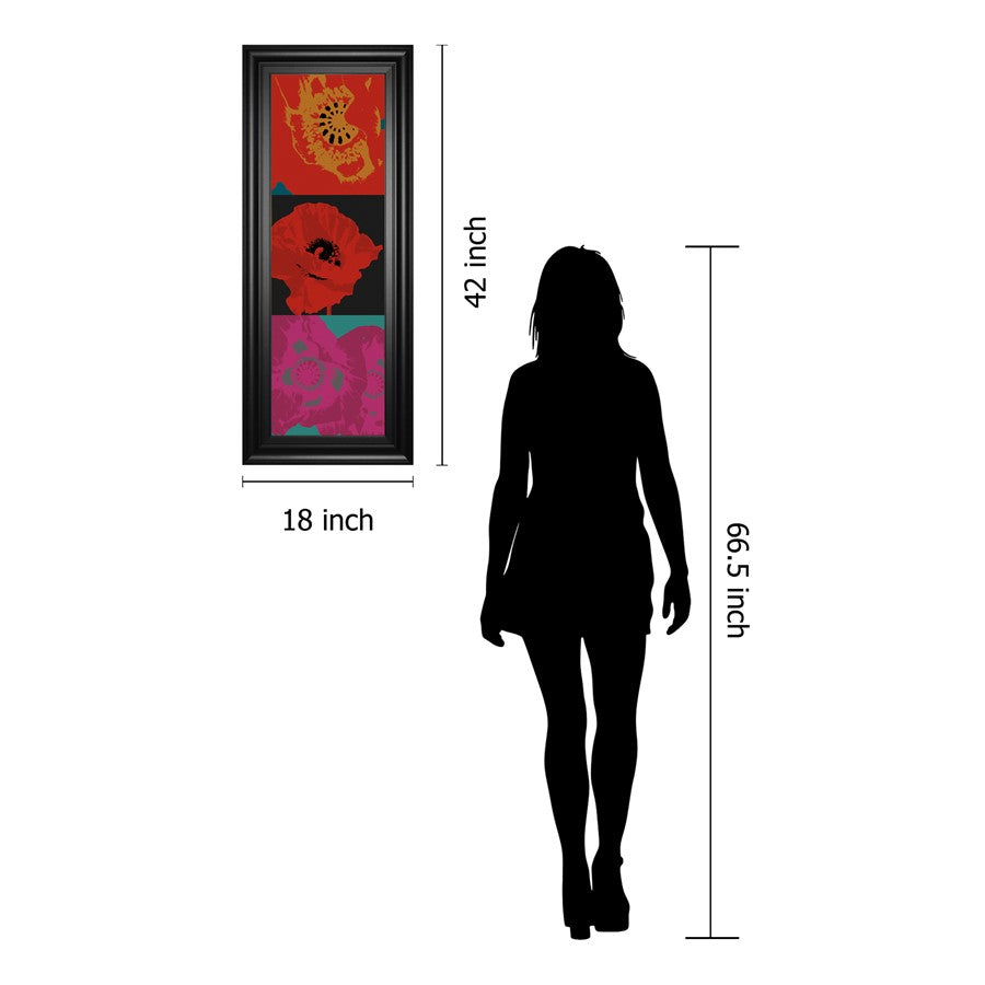 Classy Living Vivid Petal Harmony 18x42in Triptych Wall Art | Contemporary Multicolor Poppy Graphic on Paper in Black MDF Frame | Living Room | Model 1896