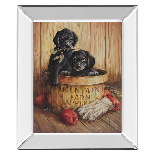 Classy Living Rustic Puppy Basket Wall Art 22x26in | Traditional Farmhouse Paper Art in Mirrored Frame | Living Room & Kitchen Wall Decor | Model 266MF