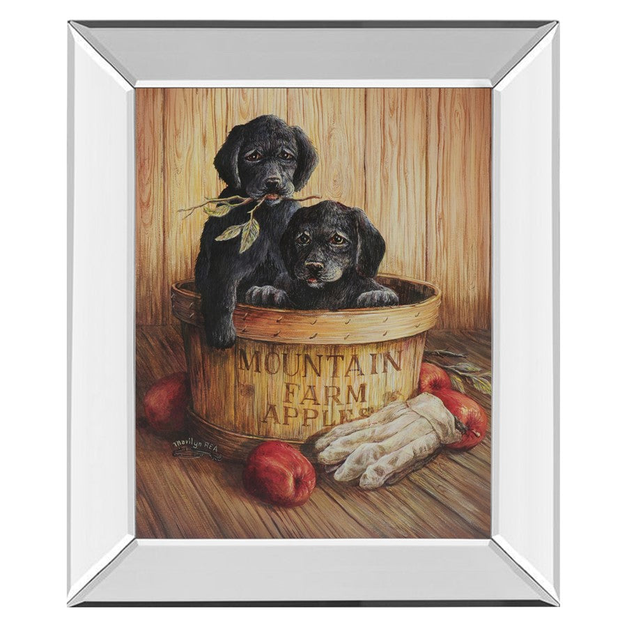 Classy Living Rustic Puppy Basket Wall Art 22x26in | Traditional Farmhouse Paper Art in Mirrored Frame | Living Room & Kitchen Wall Decor | Model 266MF