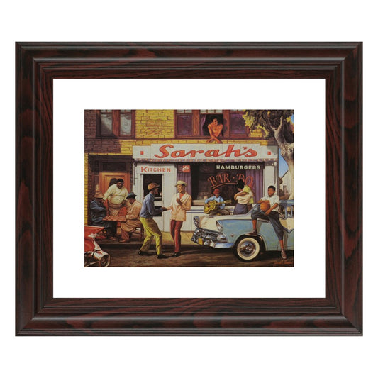 Classy Living Neighborhood Barbecue 26x22in Wall Art | Traditional Multicolor Paper Print in Cinnamon Mocha MDF Frame | Living Room & Family | Model 353