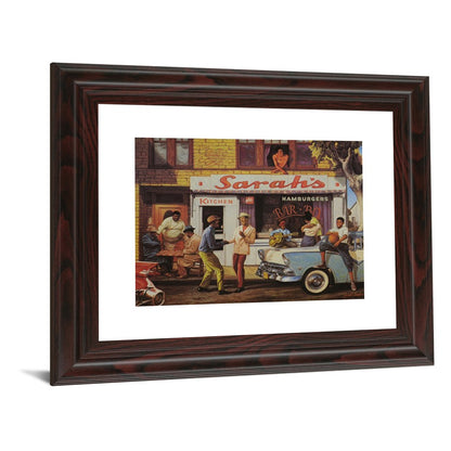 Classy Living Neighborhood Barbecue 26x22in Wall Art | Traditional Multicolor Paper Print in Cinnamon Mocha MDF Frame | Living Room & Family | Model 353